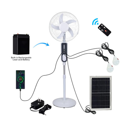 Ventilateur sur Pied Rechargeable AC/DC 16 pouces avec Panneau Solaire et 2 Ampoules LED