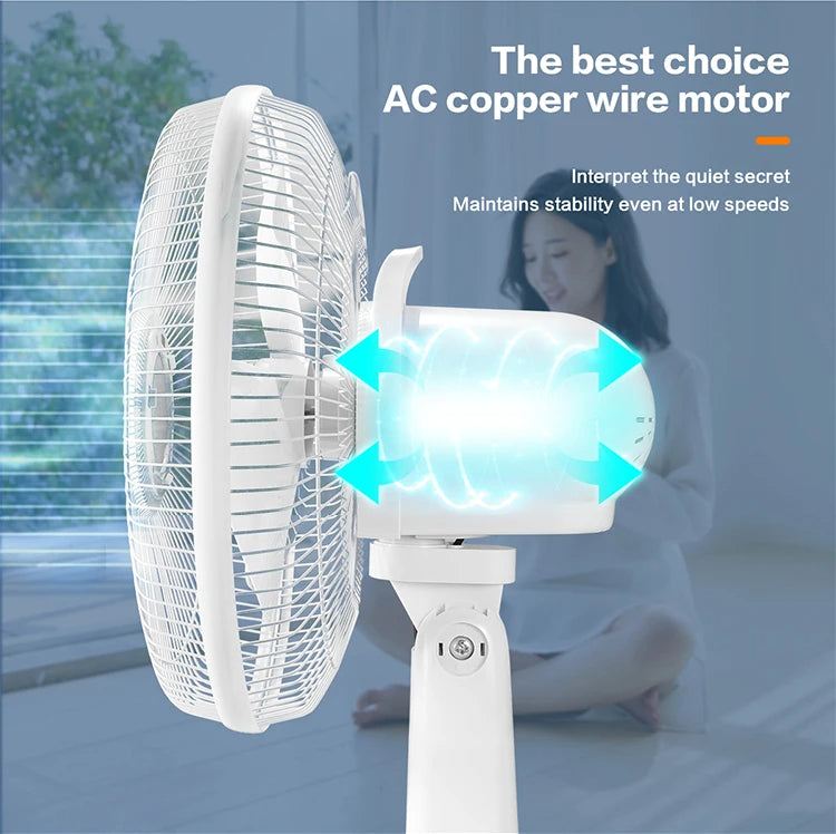 Ventilateur sur Pied Rechargeable AC/DC 16 pouces avec Panneau Solaire et 2 Ampoules LED